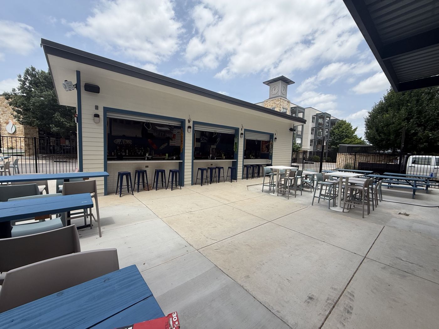 Completed Wahoo's Fish Tacos South Shore bar and patio built by Stealth General Contracting